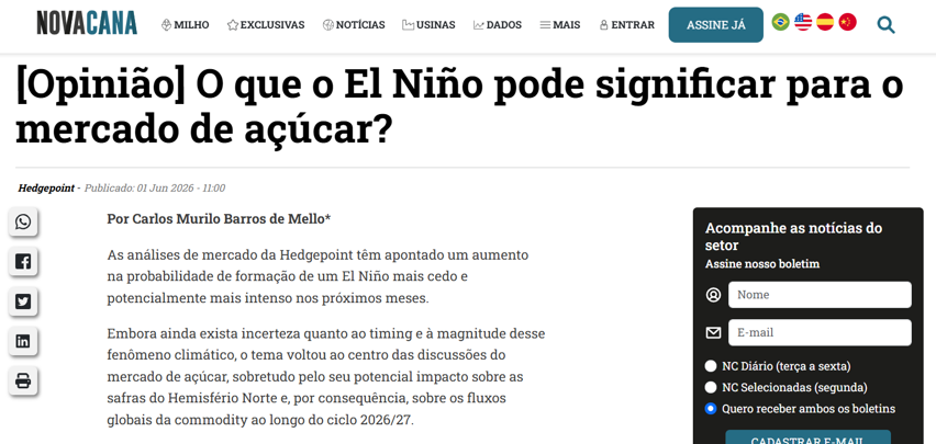 Captura da matéria publicada por NovaCana
